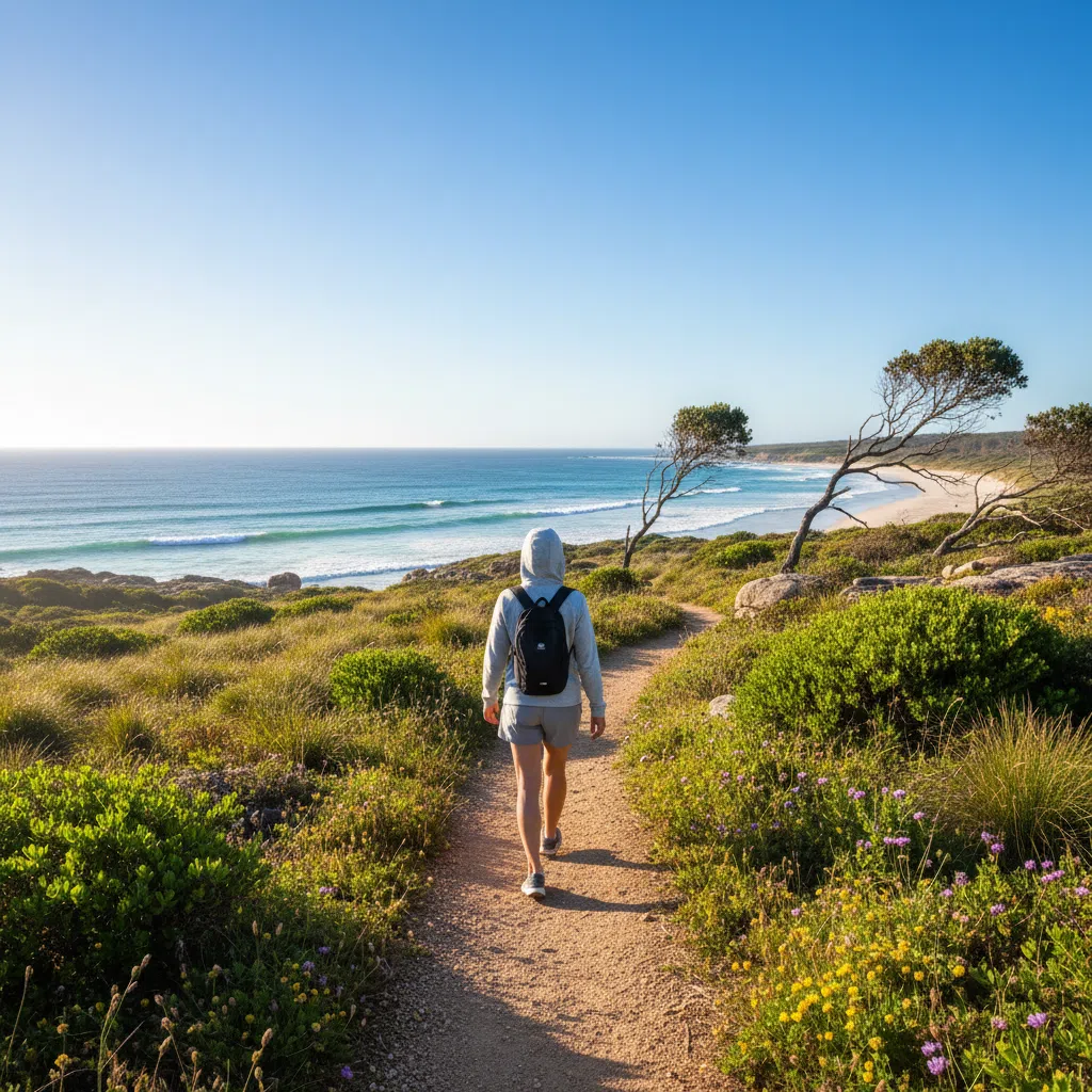 Anonymous person from behind walking on a bright sunny coastal path - plant-based energy supplement daily routine
