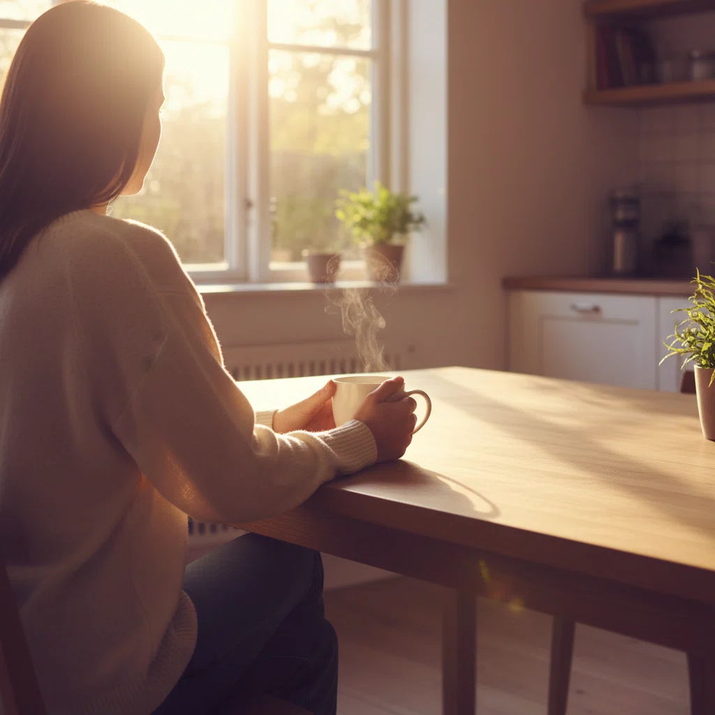 Anonymous person from behind enjoying a morning drink at a bright kitchen table - coffee supplement sachet morning routine