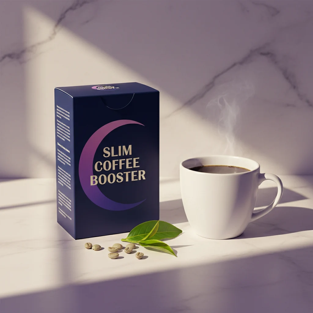 Slim Coffee Booster box beside a white ceramic mug of coffee on a marble kitchen counter