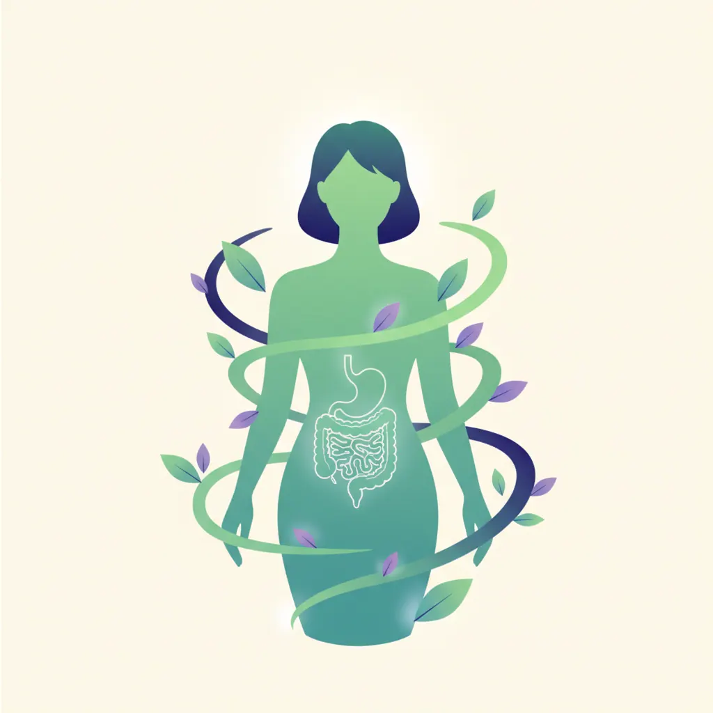 Abstract wellness illustration with botanical leaf motifs and clean digestive icon